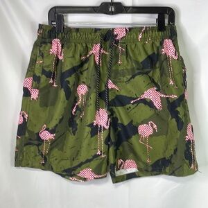 Nitrous Black geometric flamingo camo swim trunks.